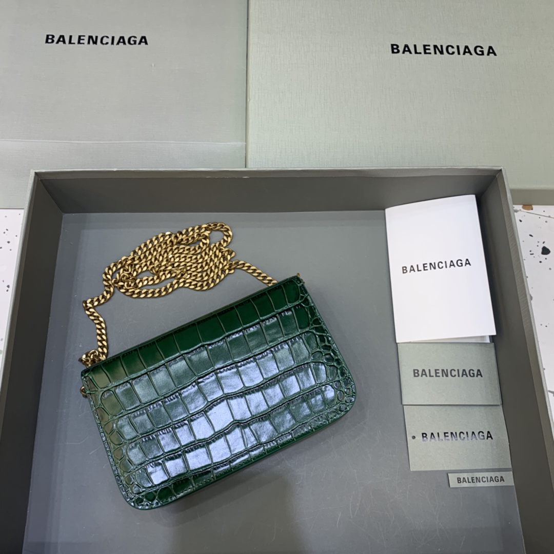 Balenciaga Small Woc Wallet With Chain Crocodile Embossed Shoulder Bag Green